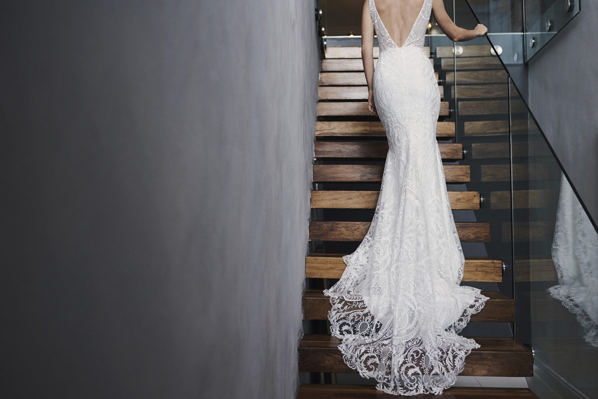 gorgeous lace train on a robyn roberts designer wedding gown