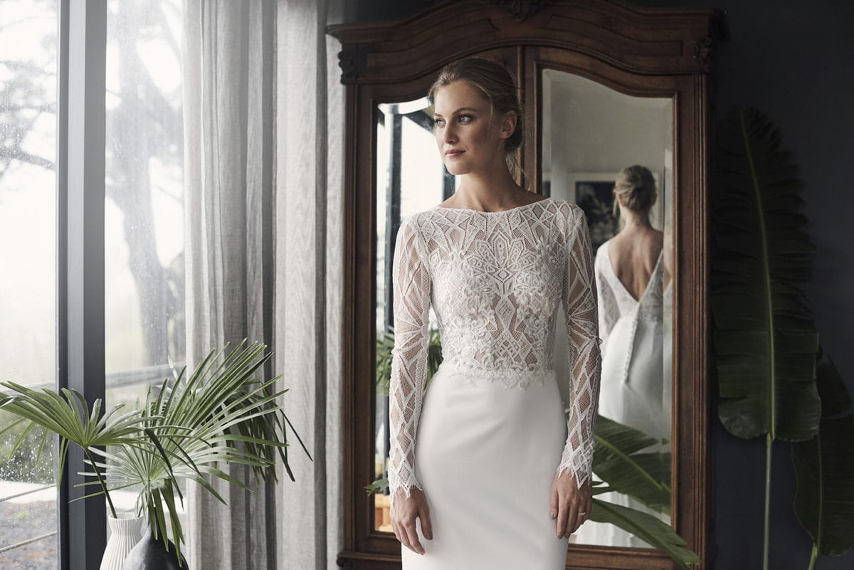 elegant custom made wedding dress with unique lace bodice